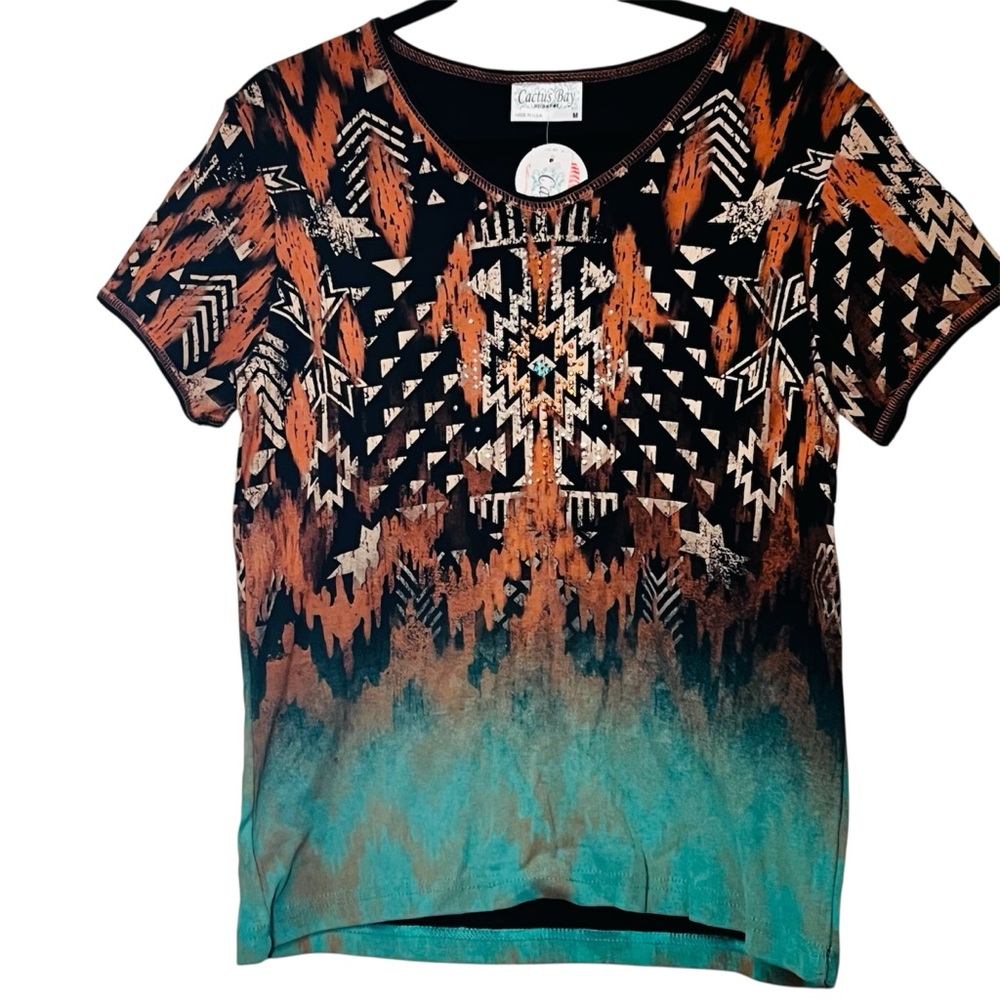 3/$30 Cactus Bay Top Black Tribal Aztec Bedazzled Western Women's Short Sleeve